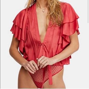 FREE PEOPLE CALL ME LATER RUFFLE BODYSUIT - RED
